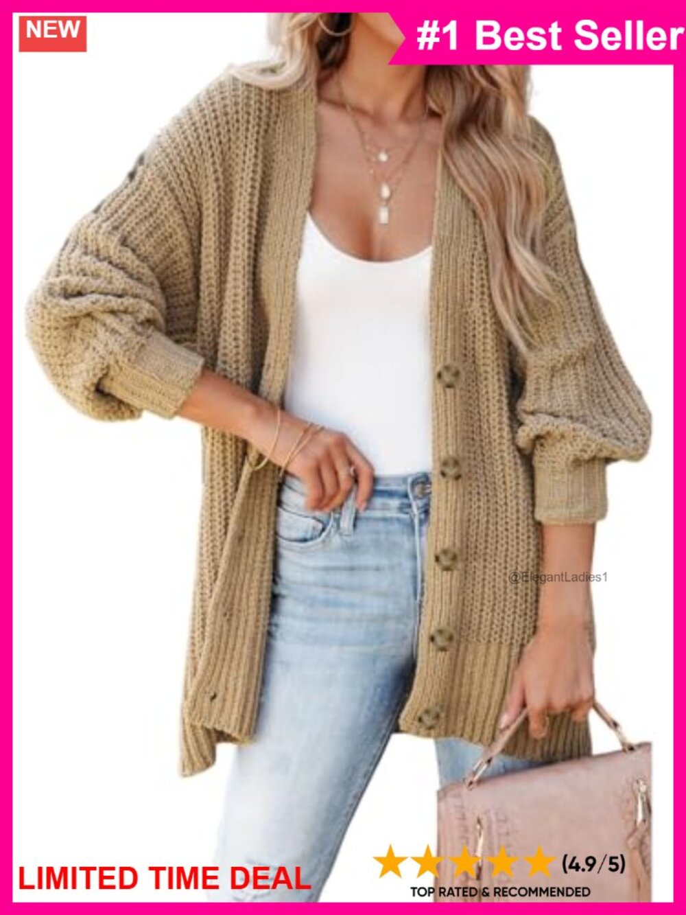 Oversized Open Front Button Lantern Sleeve Knit Chunky Cardigan Sweater
